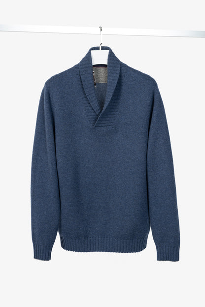 Brunello Cucinelli Blue Cashmere Shawl-Collar Sweater