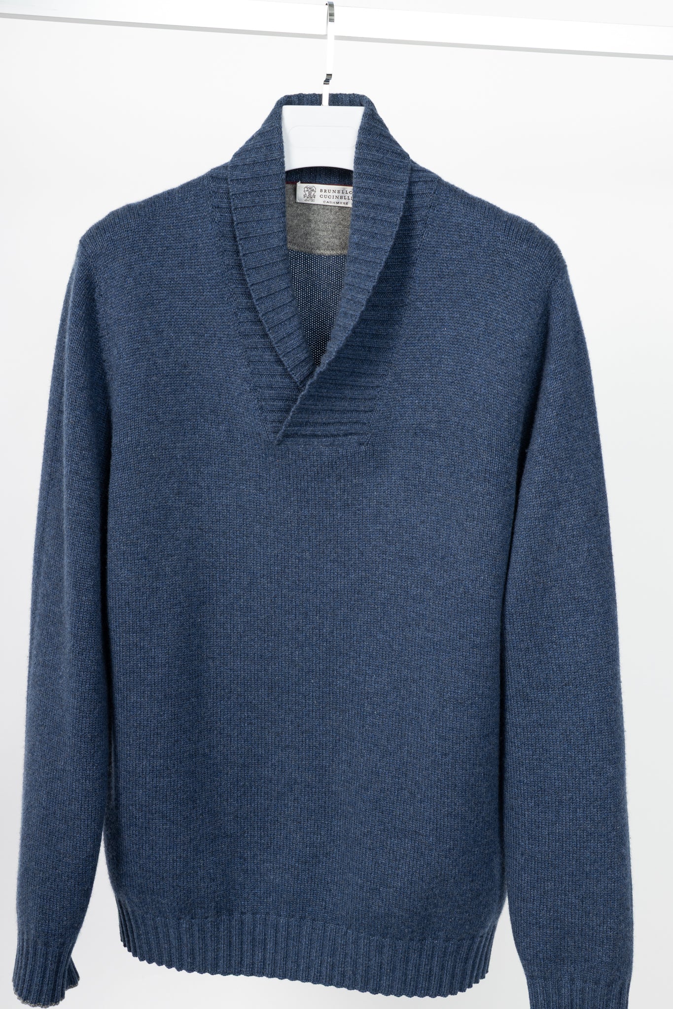 Brunello Cucinelli Blue Cashmere Shawl-Collar Sweater