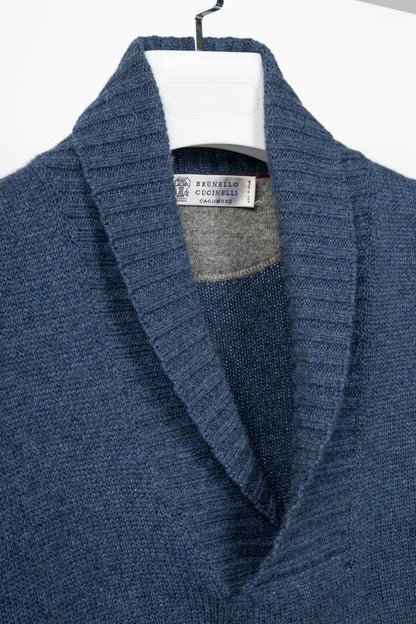 Brunello Cucinelli Blue Cashmere Shawl-Collar Sweater