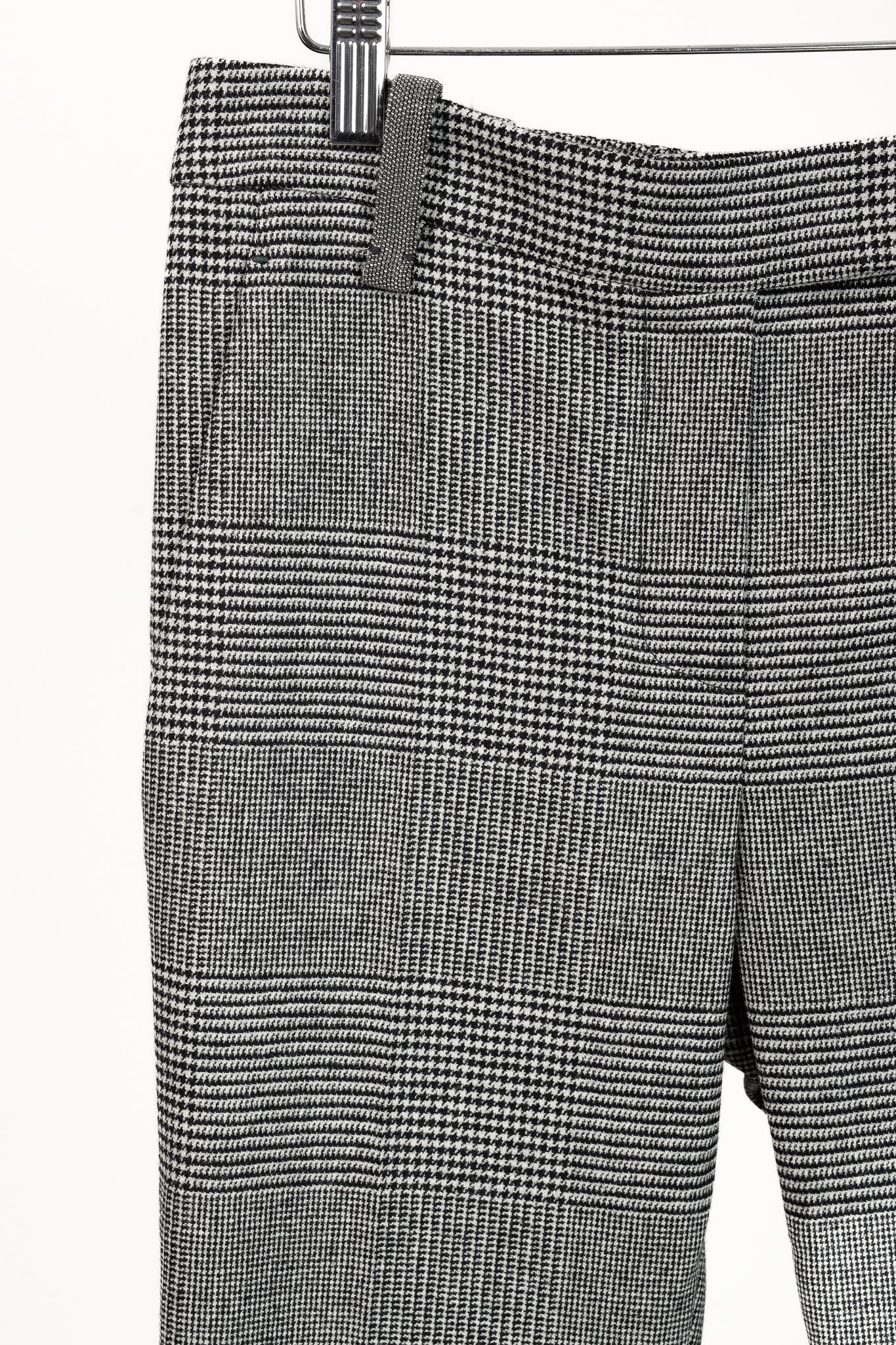 Brunello Cucinelli Black White Houndstooth Wool Cigarette Trouser with Monili