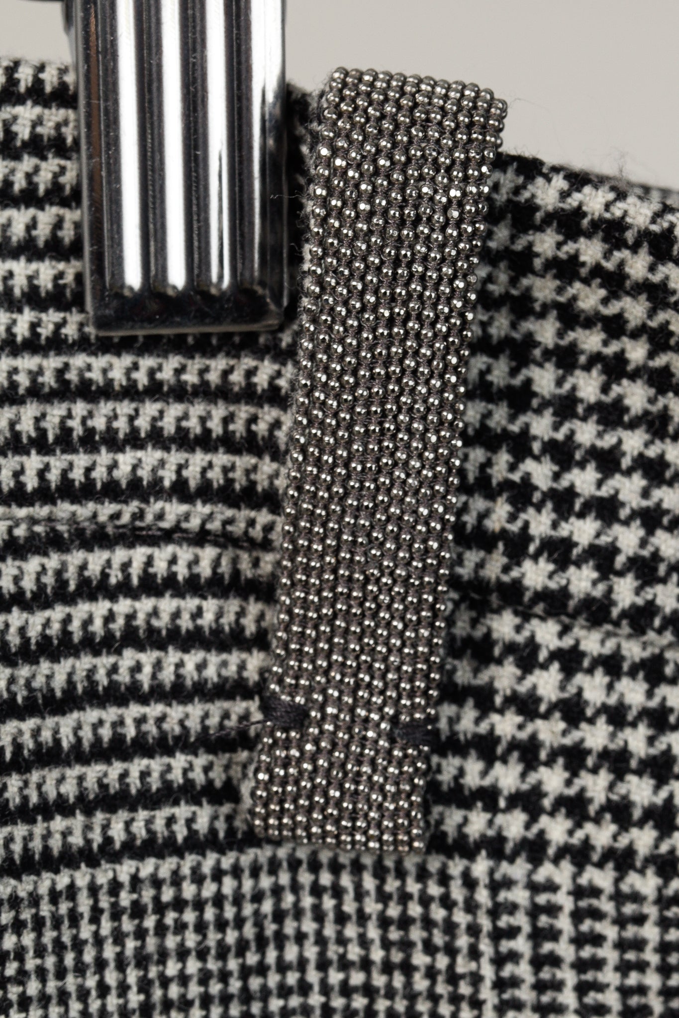 Brunello Cucinelli Black White Houndstooth Wool Cigarette Trouser with Monili