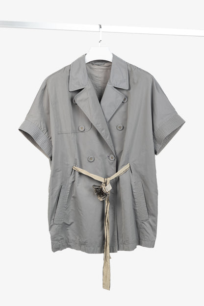 Brunello Cucinelli Grey Taffeta Double-Breasted Rosette-Belt Short-Sleeve Jacket