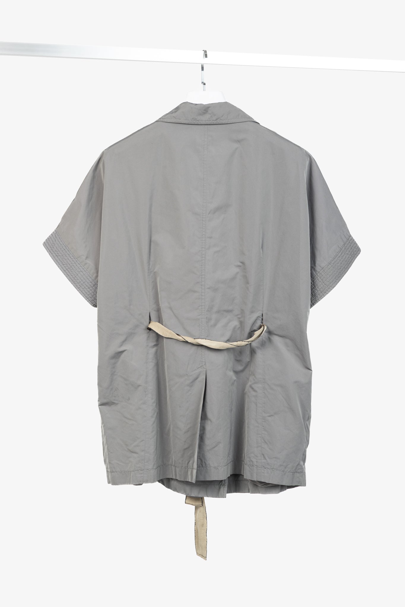 Brunello Cucinelli Grey Taffeta Double-Breasted Rosette-Belt Short-Sleeve Jacket