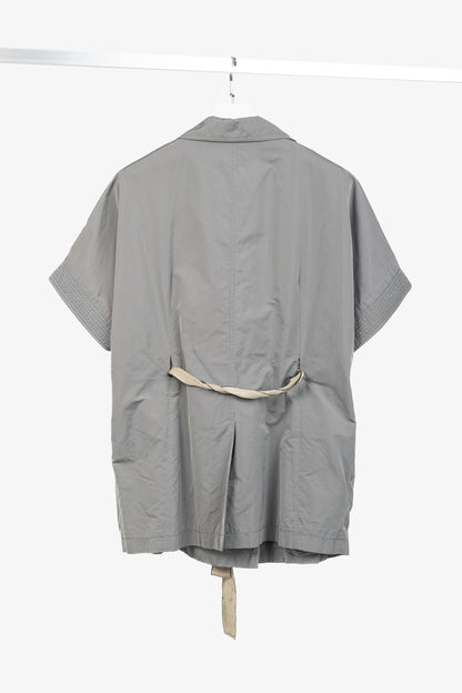 Brunello Cucinelli Grey Taffeta Double-Breasted Rosette-Belt Short-Sleeve Jacket