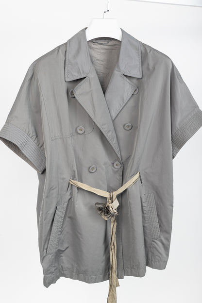 Brunello Cucinelli Grey Taffeta Double-Breasted Rosette-Belt Short-Sleeve Jacket