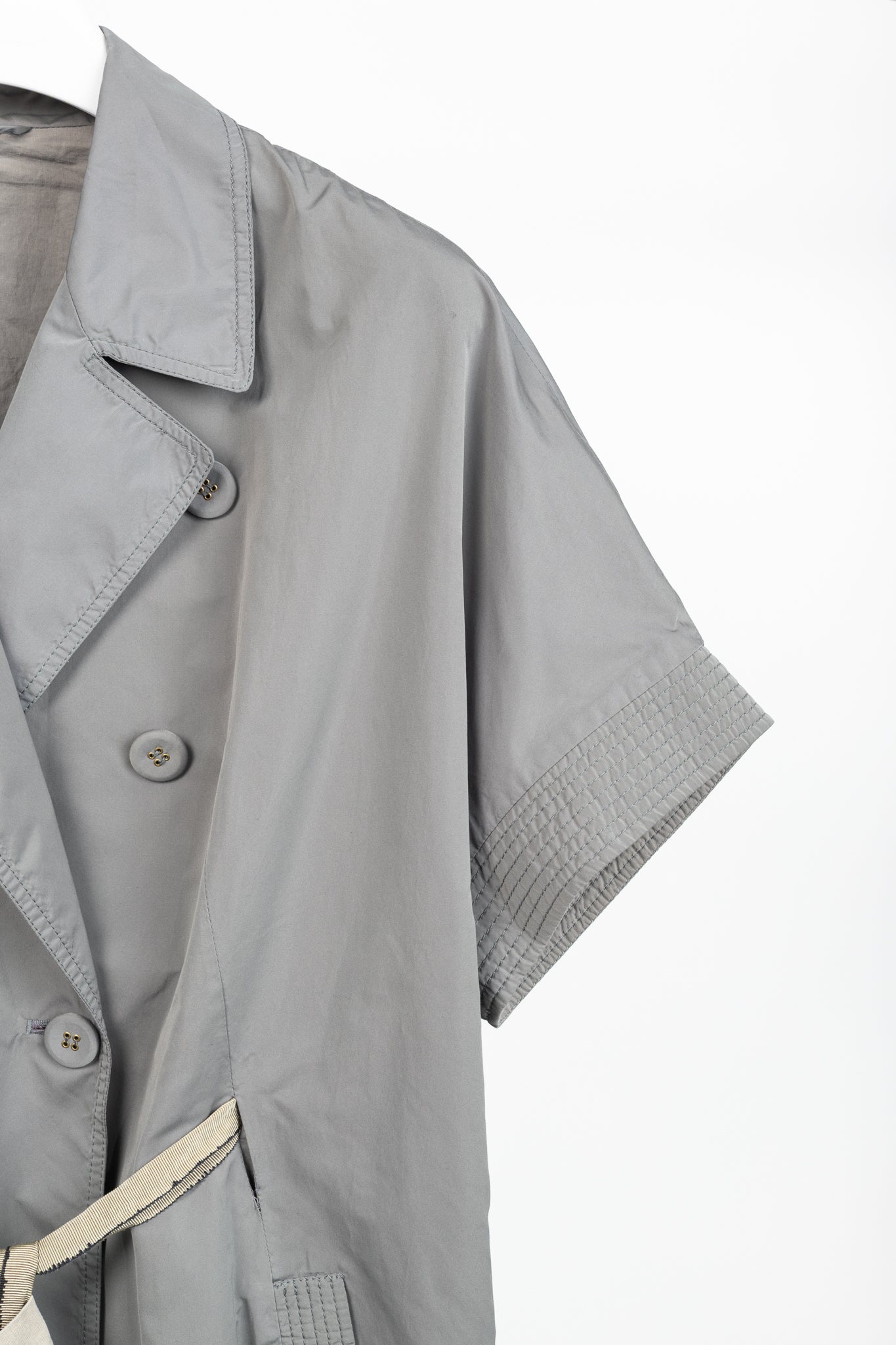Brunello Cucinelli Grey Taffeta Double-Breasted Rosette-Belt Short-Sleeve Jacket