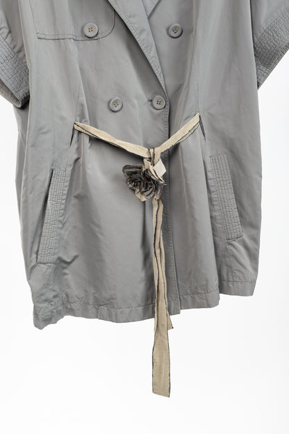 Brunello Cucinelli Grey Taffeta Double-Breasted Rosette-Belt Short-Sleeve Jacket