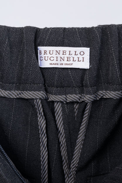 Brunello Cucinelli Grey Wool-Blend Pinstripe Knee-Detail Trousers