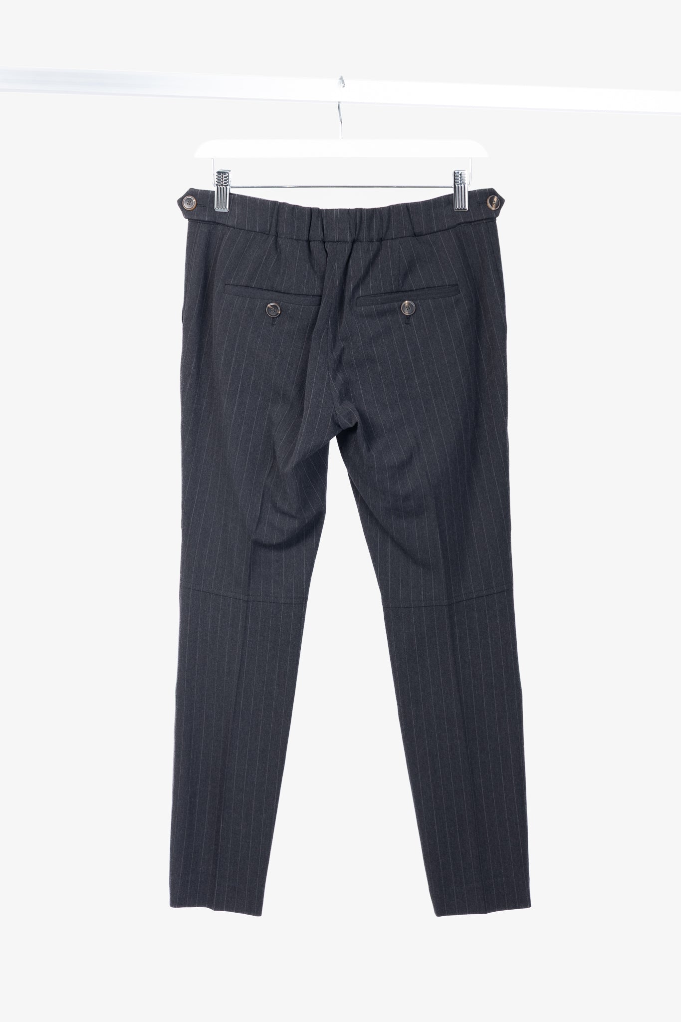 Brunello Cucinelli Grey Wool-Blend Pinstripe Knee-Detail Trousers