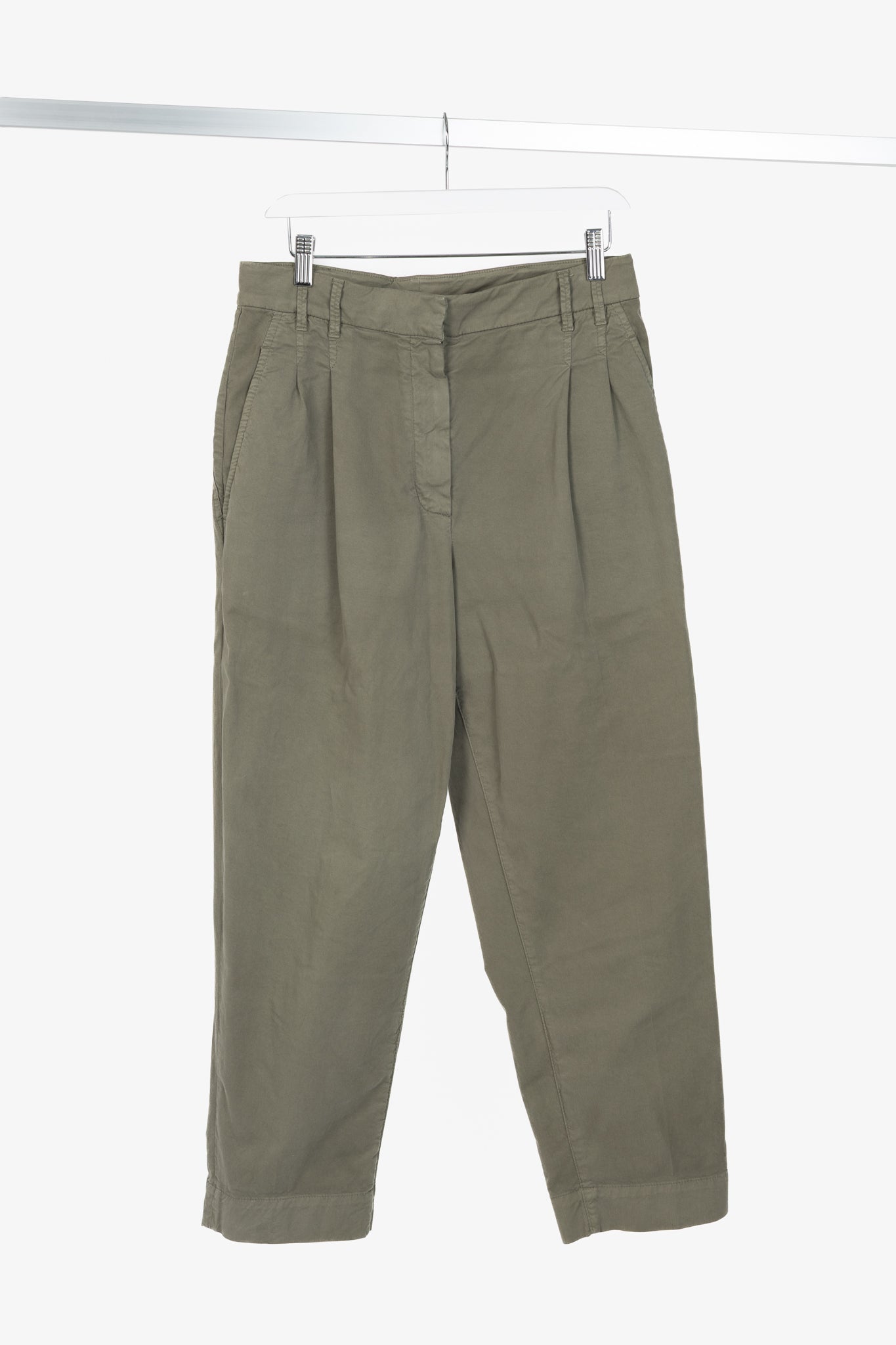 Brunello Cucinelli AW/22 Green Cotton Monili-Beaded Pleated Tapered Pants
