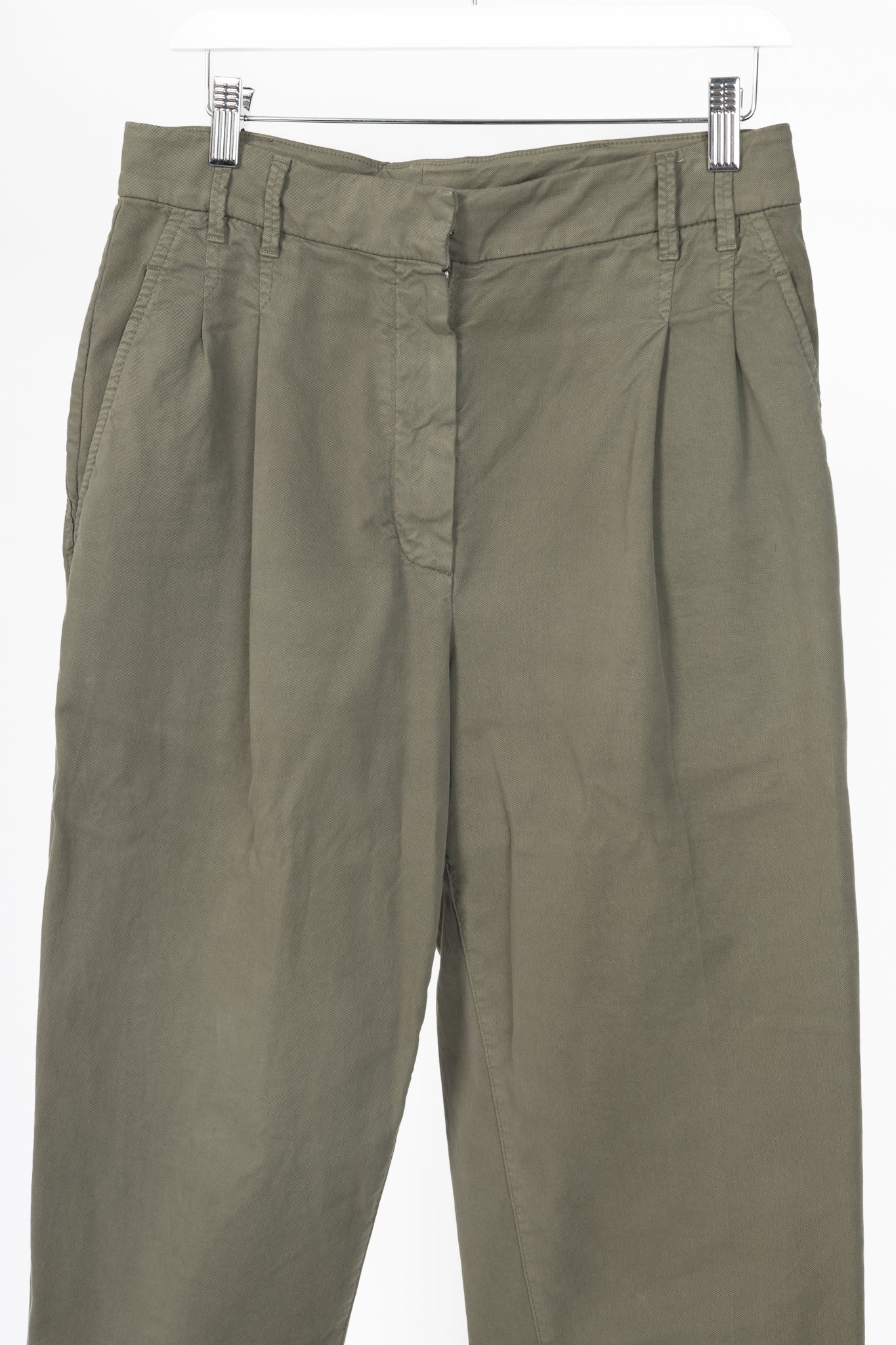 Brunello Cucinelli AW/22 Green Cotton Monili-Beaded Pleated Tapered Pants