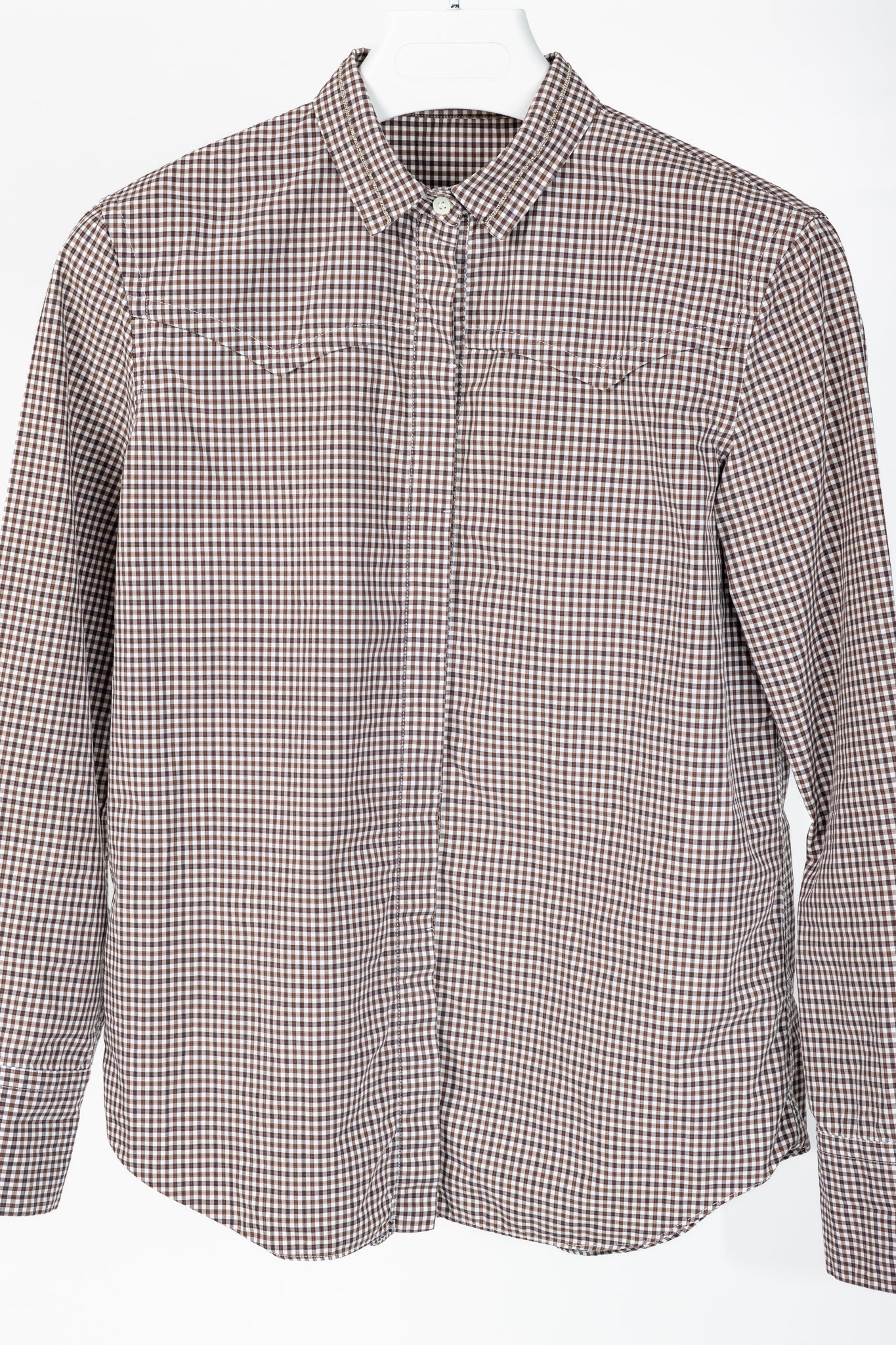Brunello Cucinelli Brown Gingham Cotton Monili-Embellished Buttoned Western Shirt