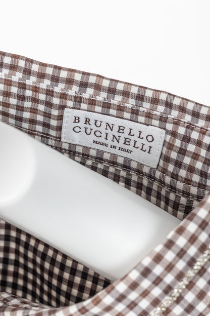 Brunello Cucinelli Brown Gingham Cotton Monili-Embellished Buttoned Western Shirt