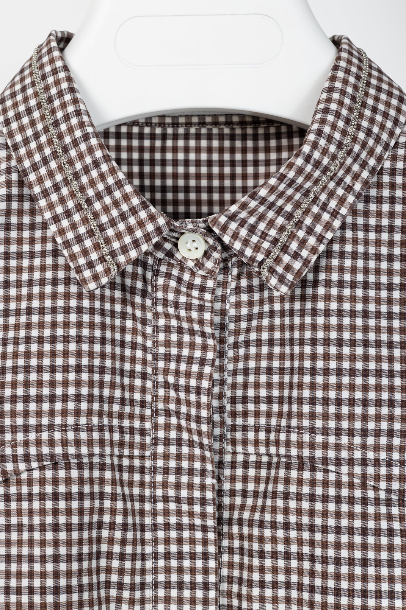 Brunello Cucinelli Brown Gingham Cotton Monili-Embellished Buttoned Western Shirt