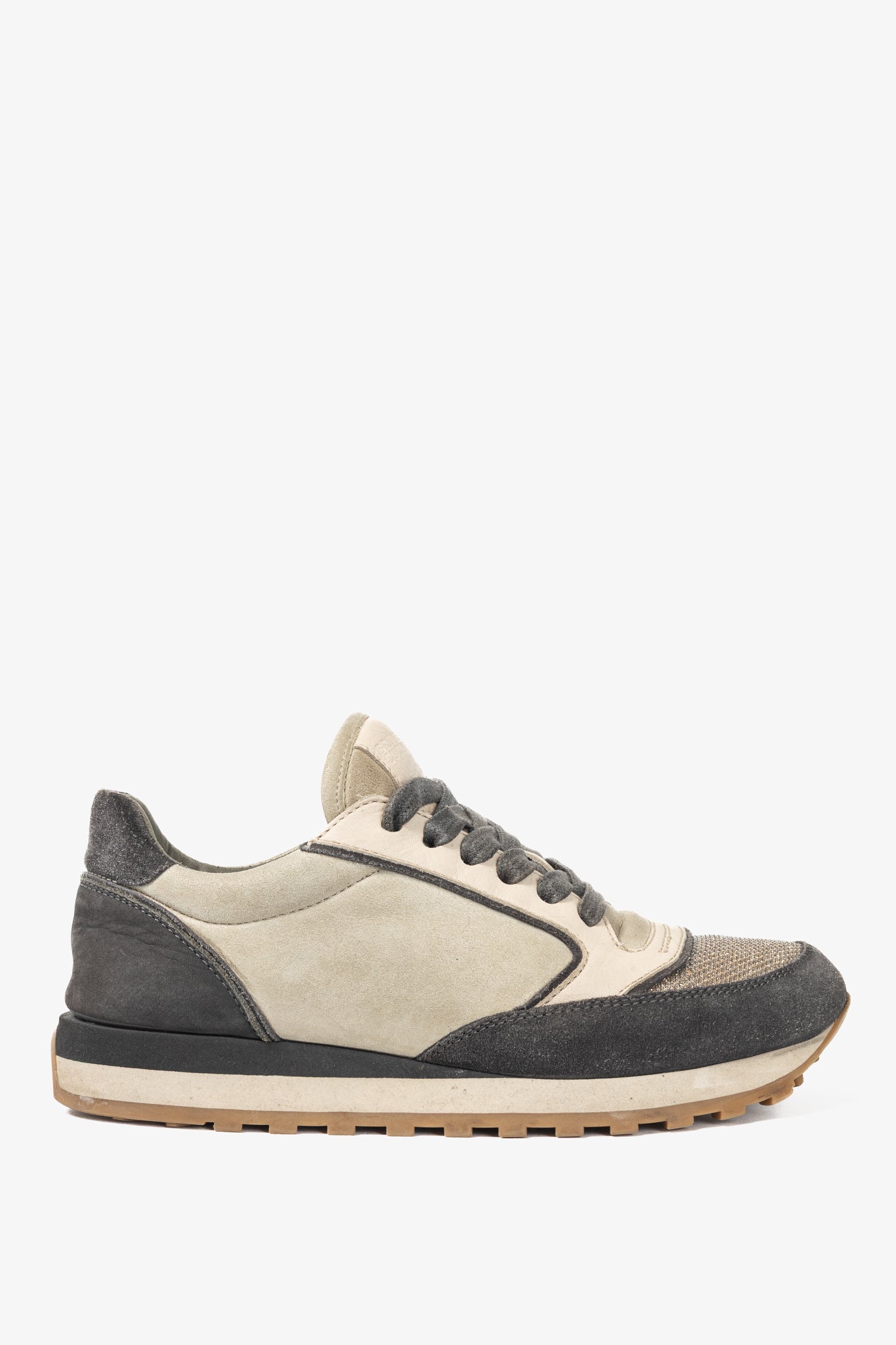 Brunello Cucinelli Taupe & Grey Suede & Leather Glitter Sneakers