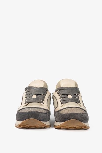 Brunello Cucinelli Taupe & Grey Suede & Leather Glitter Sneakers