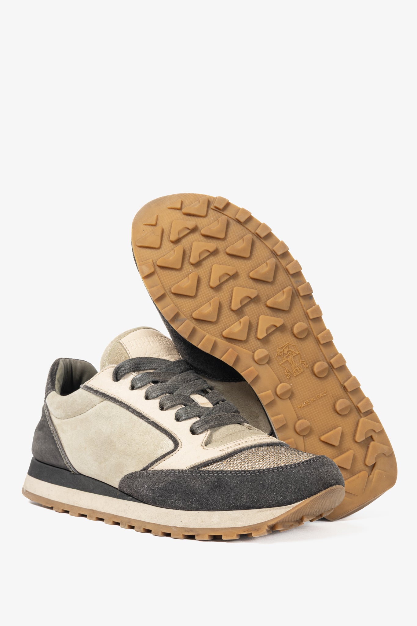 Brunello Cucinelli Taupe & Grey Suede & Leather Glitter Sneakers
