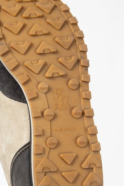 Brunello Cucinelli Taupe & Grey Suede & Leather Glitter Sneakers