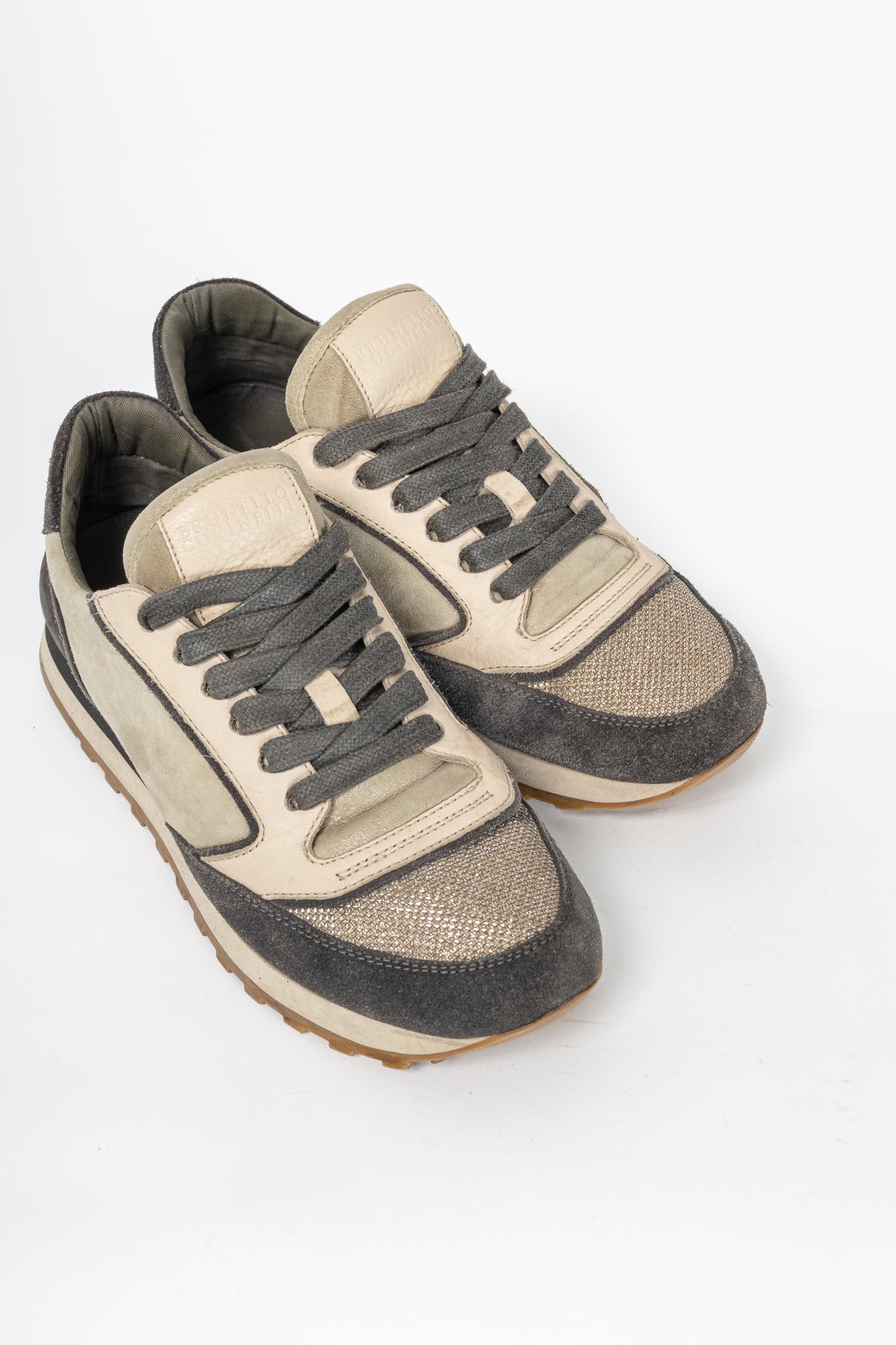 Brunello Cucinelli Taupe & Grey Suede & Leather Glitter Sneakers