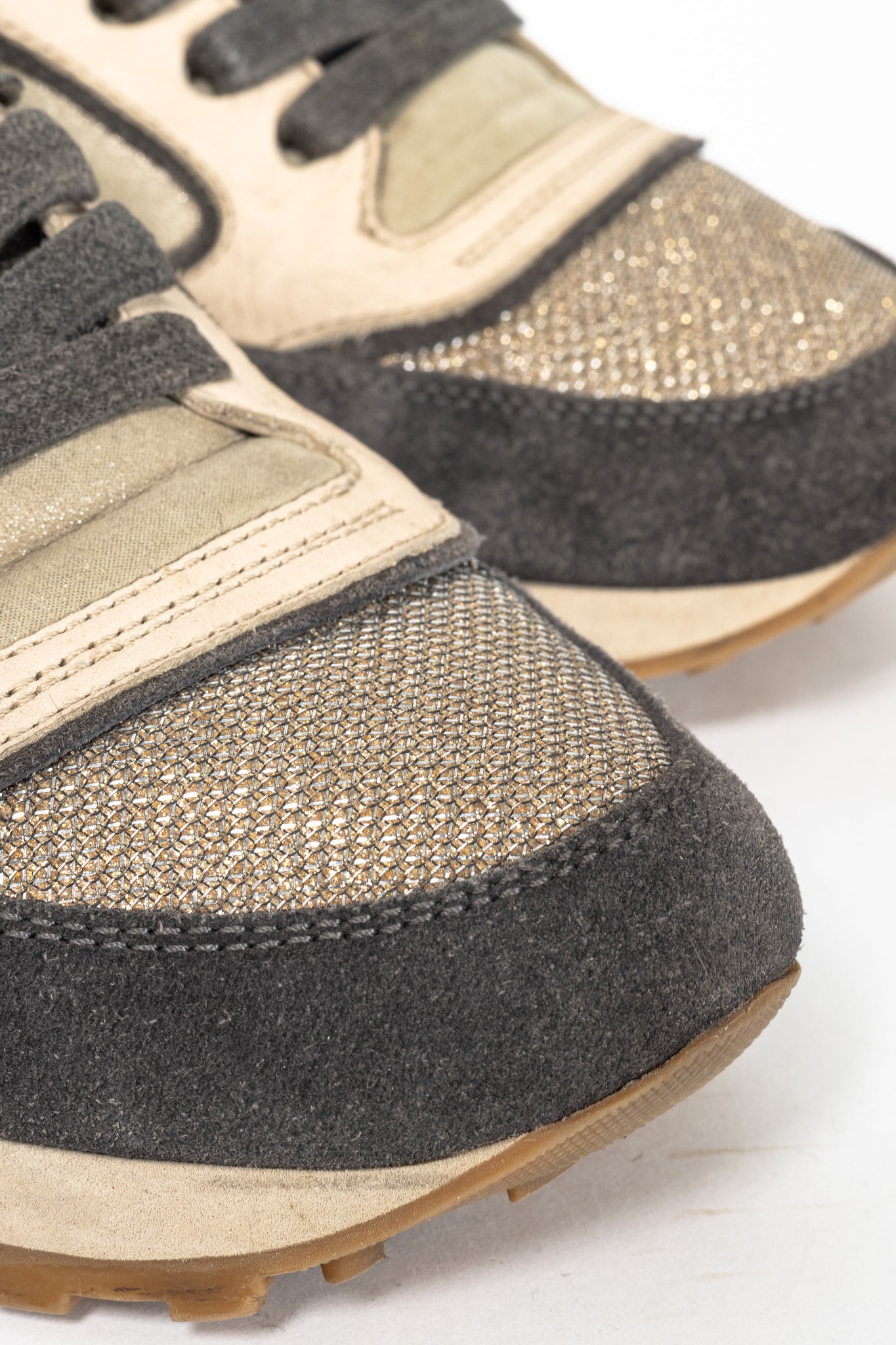 Brunello Cucinelli Taupe & Grey Suede & Leather Glitter Sneakers