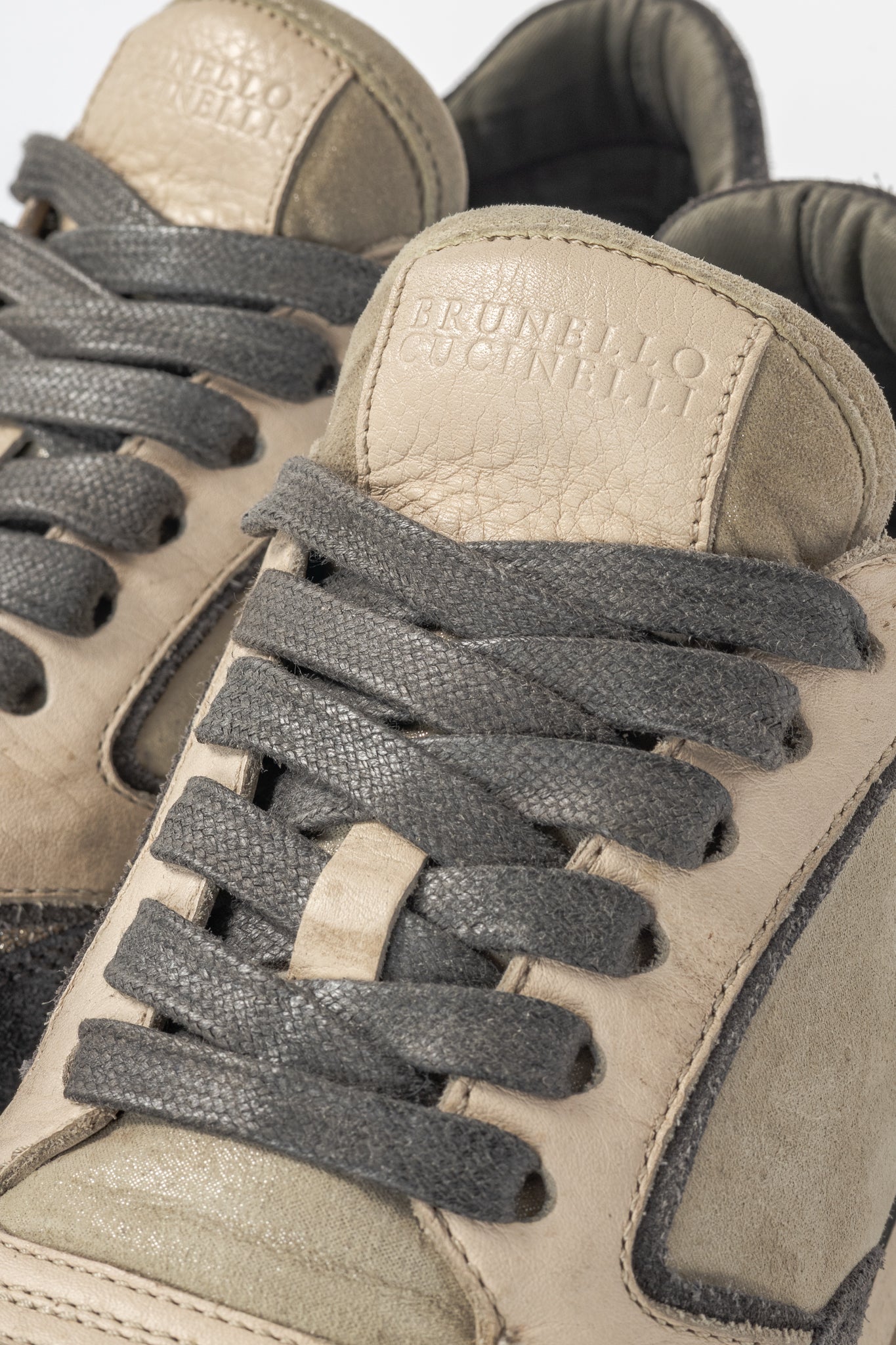 Brunello Cucinelli Taupe & Grey Suede & Leather Glitter Sneakers