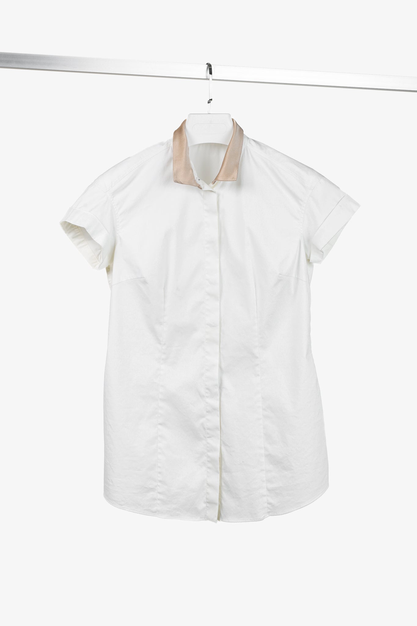 Brunello Cucinelli Ivory Cotton-Poplin Silk-Collar Short-Sleeve Shirt