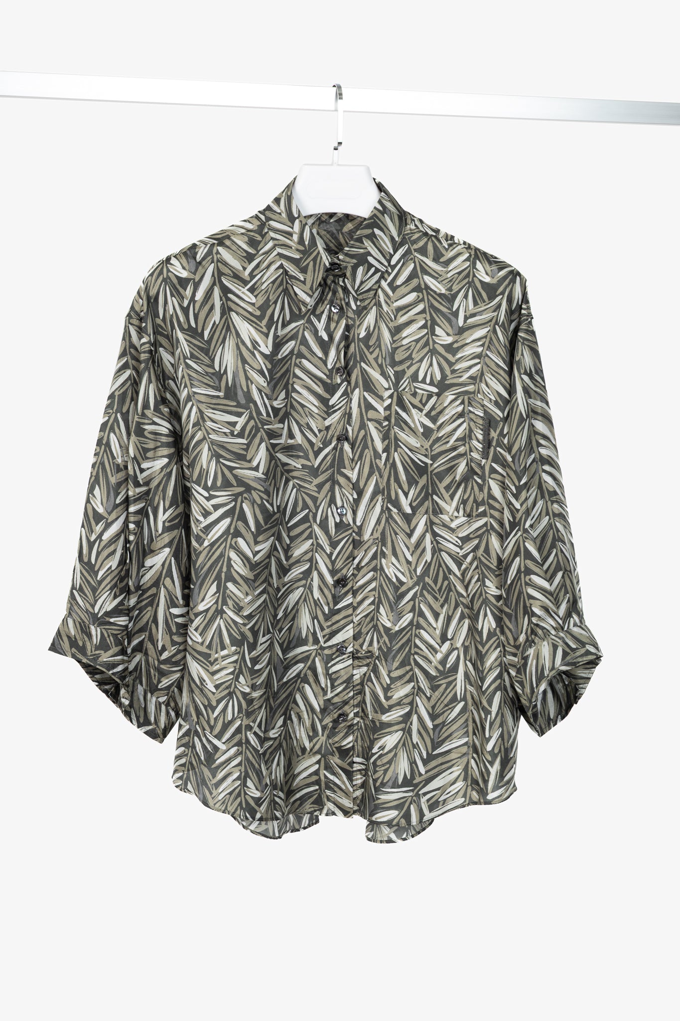 Brunello Cucinelli SS23 Carbone Verde Olive-Branch Silk Buttoned Shirt