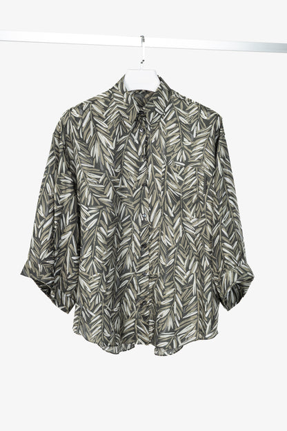 Brunello Cucinelli SS23 Carbone Verde Olive-Branch Silk Buttoned Shirt