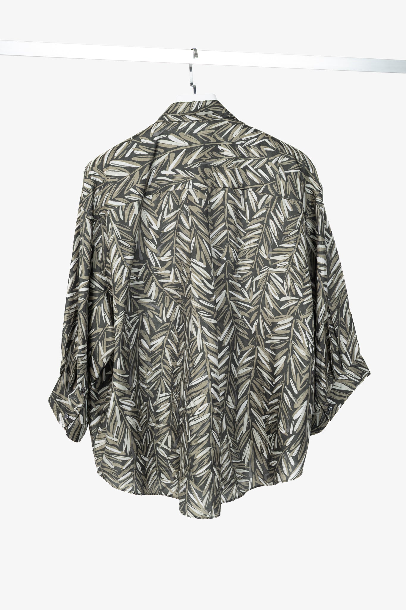 Brunello Cucinelli SS23 Carbone Verde Olive-Branch Silk Buttoned Shirt