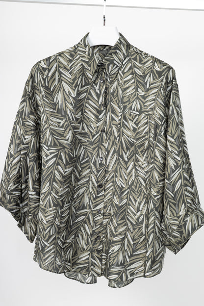 Brunello Cucinelli SS23 Carbone Verde Olive-Branch Silk Buttoned Shirt