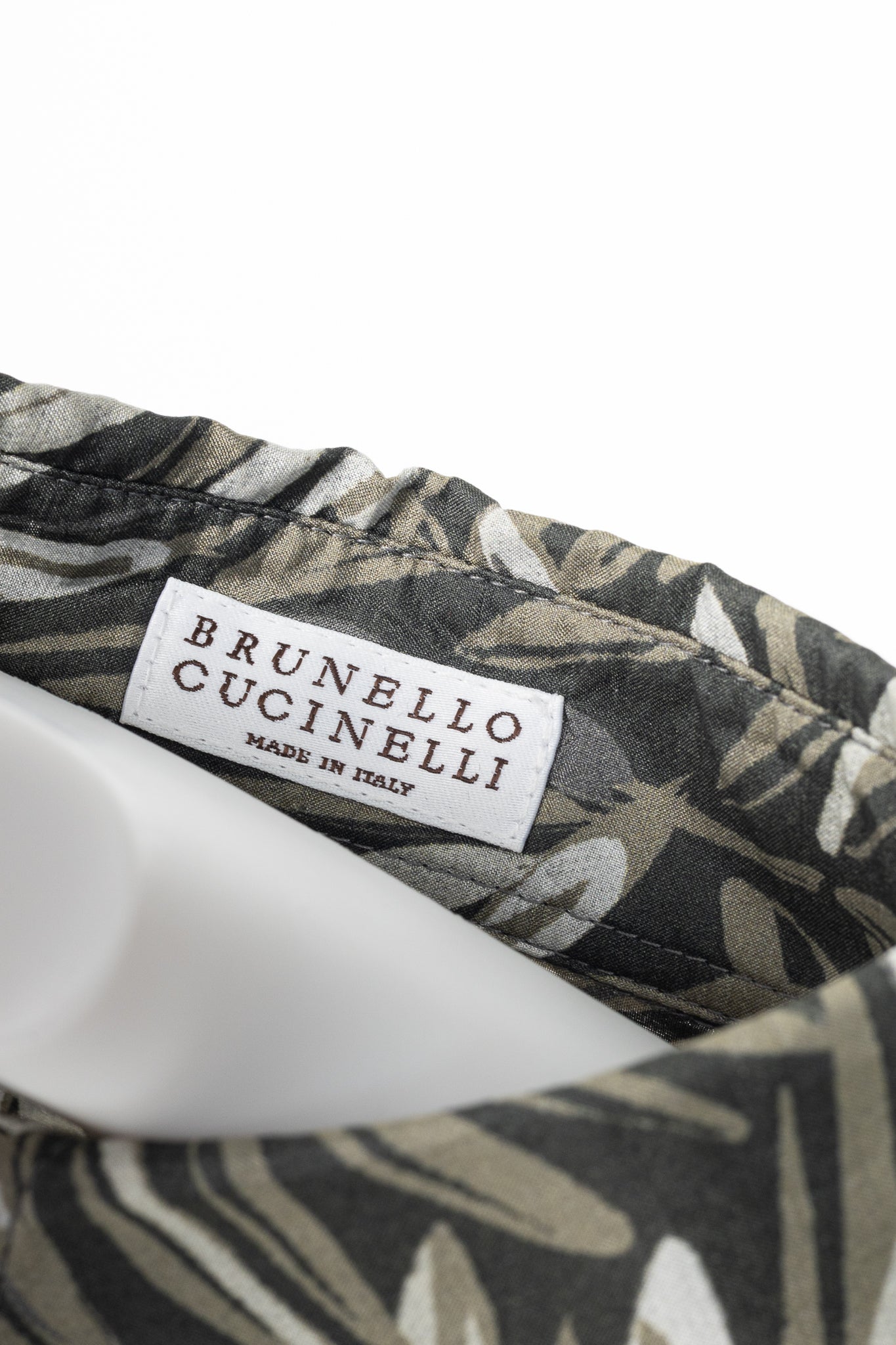 Brunello Cucinelli SS23 Carbone Verde Olive-Branch Silk Buttoned Shirt