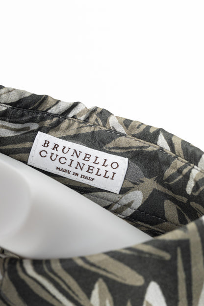 Brunello Cucinelli SS23 Carbone Verde Olive-Branch Silk Buttoned Shirt