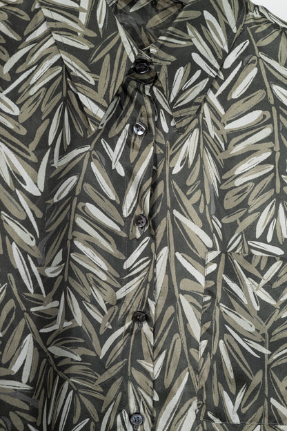Brunello Cucinelli SS23 Carbone Verde Olive-Branch Silk Buttoned Shirt