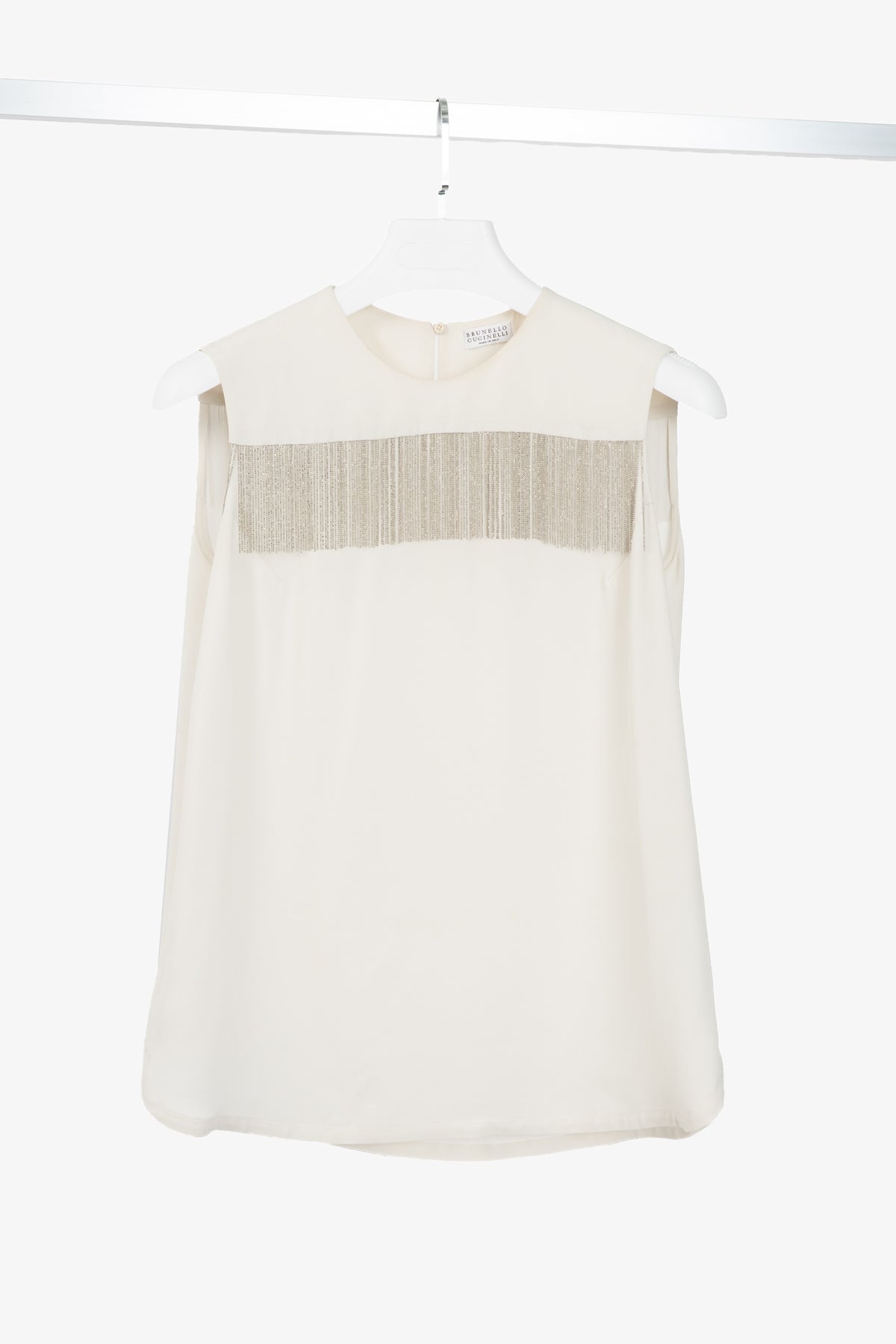 Brunello Cucinelli Cream Silk Crepe-Chiffon Monili-Fringe Tank
