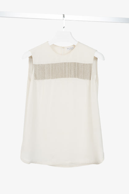 Brunello Cucinelli Cream Silk Crepe-Chiffon Monili-Fringe Tank