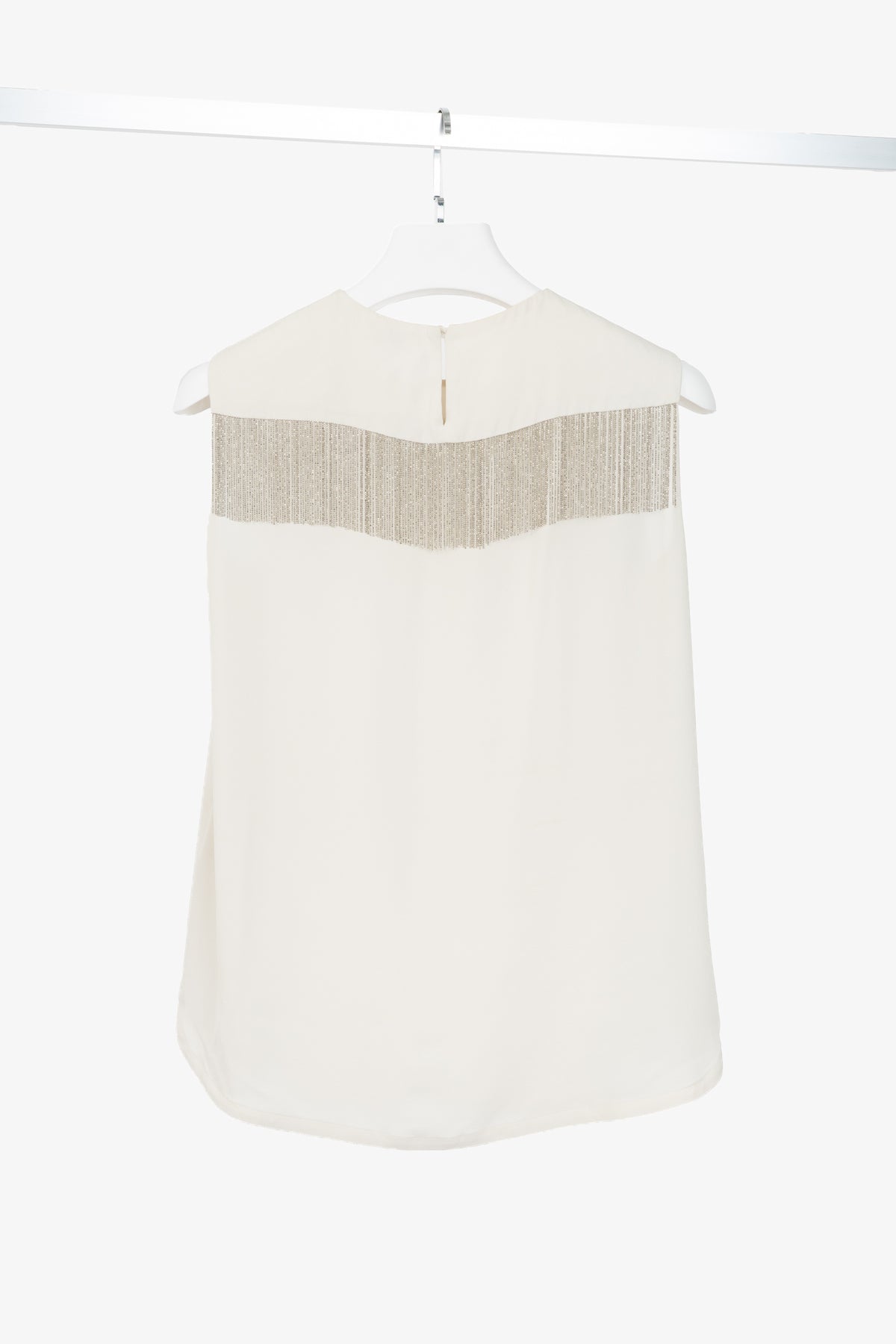 Brunello Cucinelli Cream Silk Crepe-Chiffon Monili-Fringe Tank