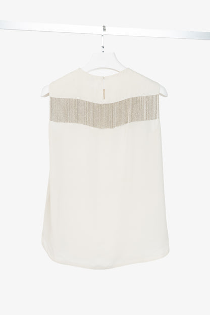 Brunello Cucinelli Cream Silk Crepe-Chiffon Monili-Fringe Tank