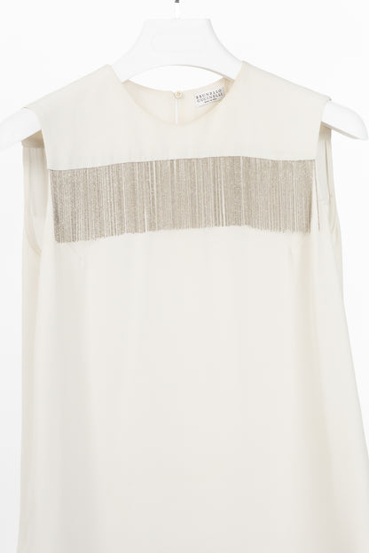 Brunello Cucinelli Cream Silk Crepe-Chiffon Monili-Fringe Tank