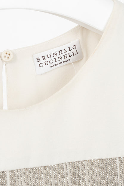 Brunello Cucinelli Cream Silk Crepe-Chiffon Monili-Fringe Tank