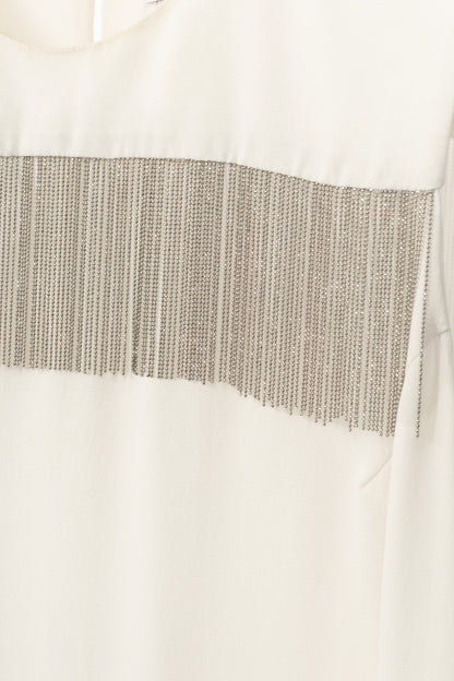 Brunello Cucinelli Cream Silk Crepe-Chiffon Monili-Fringe Tank