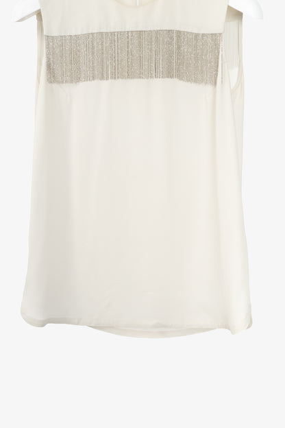 Brunello Cucinelli Cream Silk Crepe-Chiffon Monili-Fringe Tank