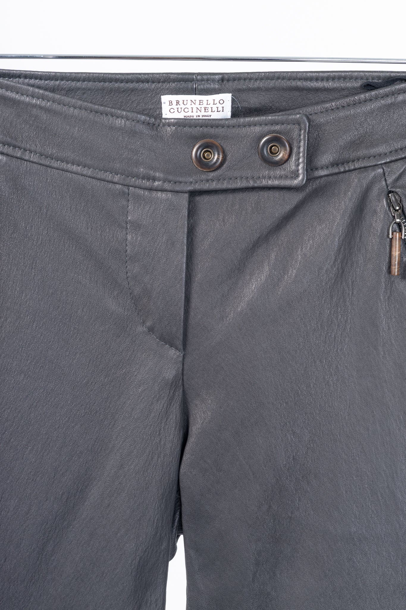 Brunello Cucinelli Grey Leather Quilted Moto Skinny Pants