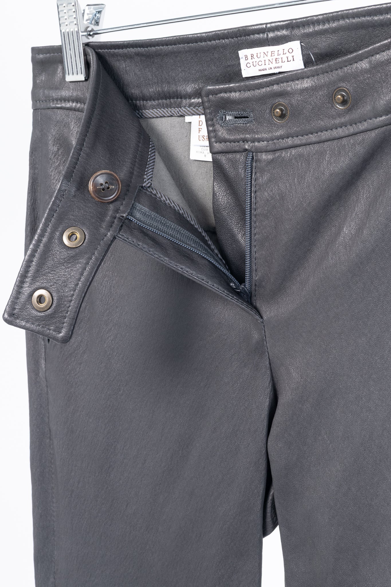 Brunello Cucinelli Grey Leather Quilted Moto Skinny Pants