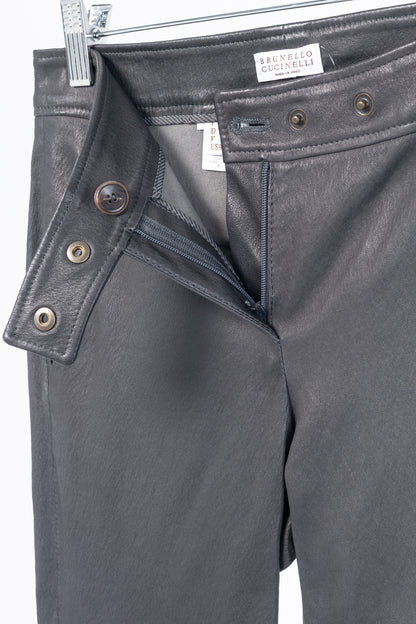 Brunello Cucinelli Grey Leather Quilted Moto Skinny Pants