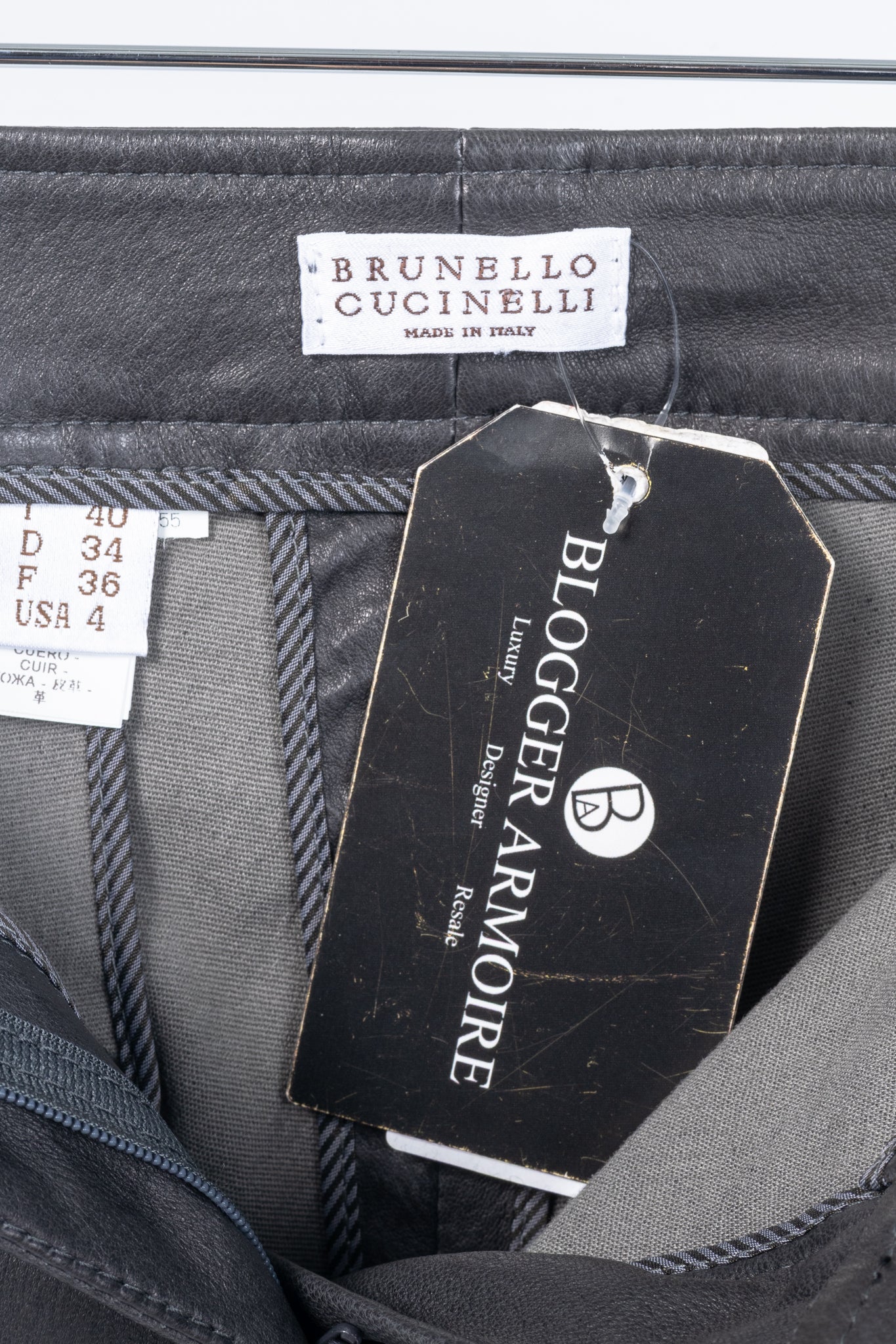 Brunello Cucinelli Grey Leather Quilted Moto Skinny Pants