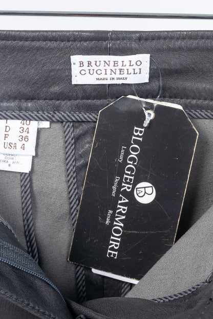 Brunello Cucinelli Grey Leather Quilted Moto Skinny Pants