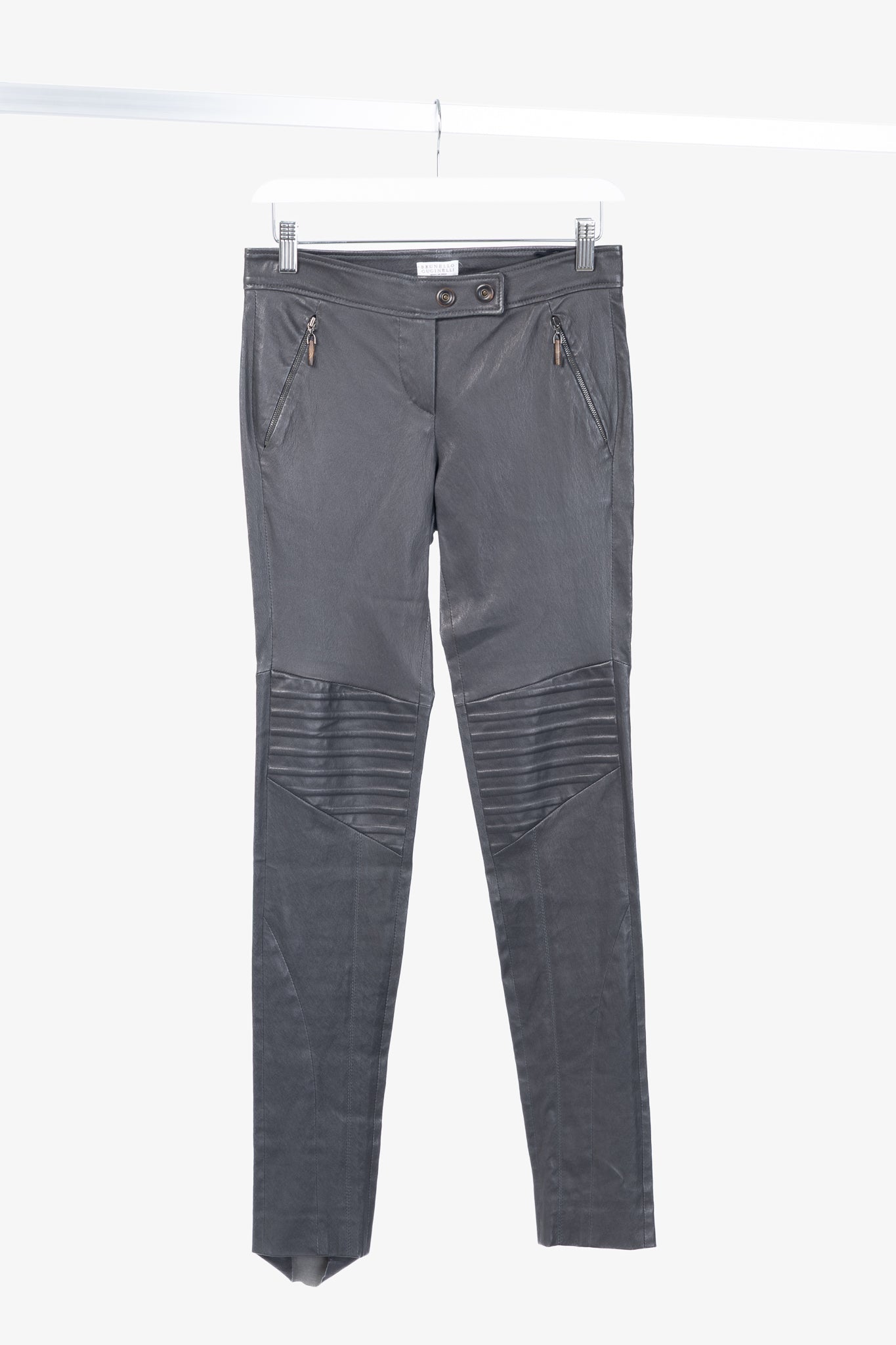 Brunello Cucinelli Grey Leather Quilted Moto Skinny Pants