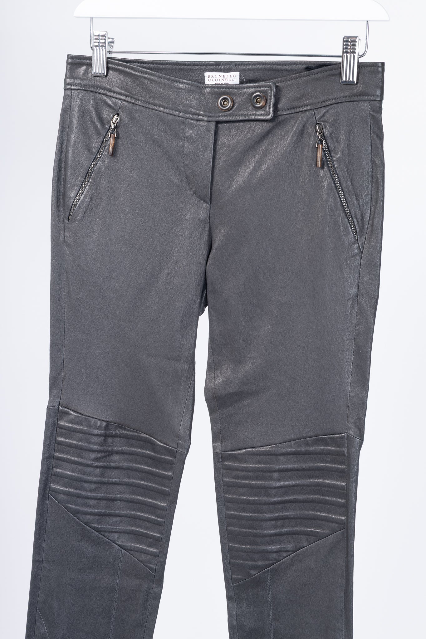Brunello Cucinelli Grey Leather Quilted Moto Skinny Pants