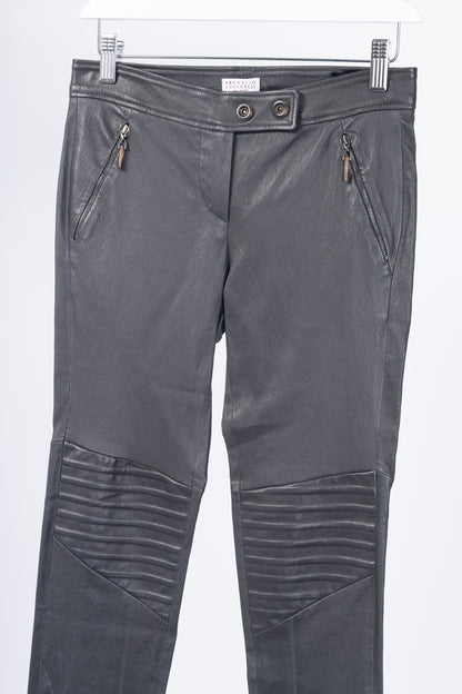 Brunello Cucinelli Grey Leather Quilted Moto Skinny Pants