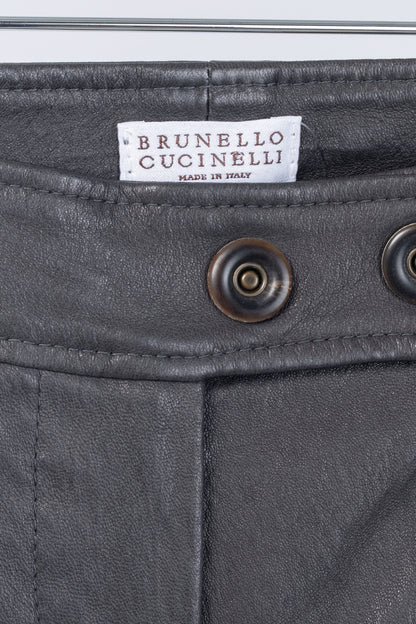 Brunello Cucinelli Grey Leather Quilted Moto Skinny Pants